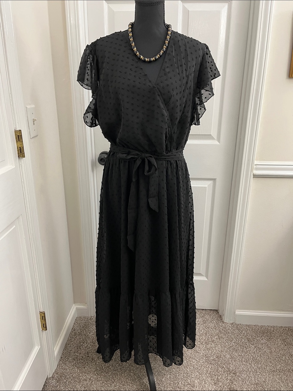 Elegant Black Swiss Dot Wrap Maxi Dress with Belt